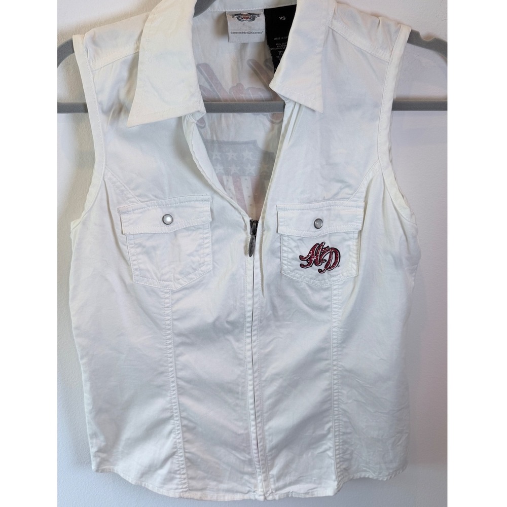 Harley-Davidson Womens XS White Sleeveless Zip Up Top Rhinestone Winged Graphic